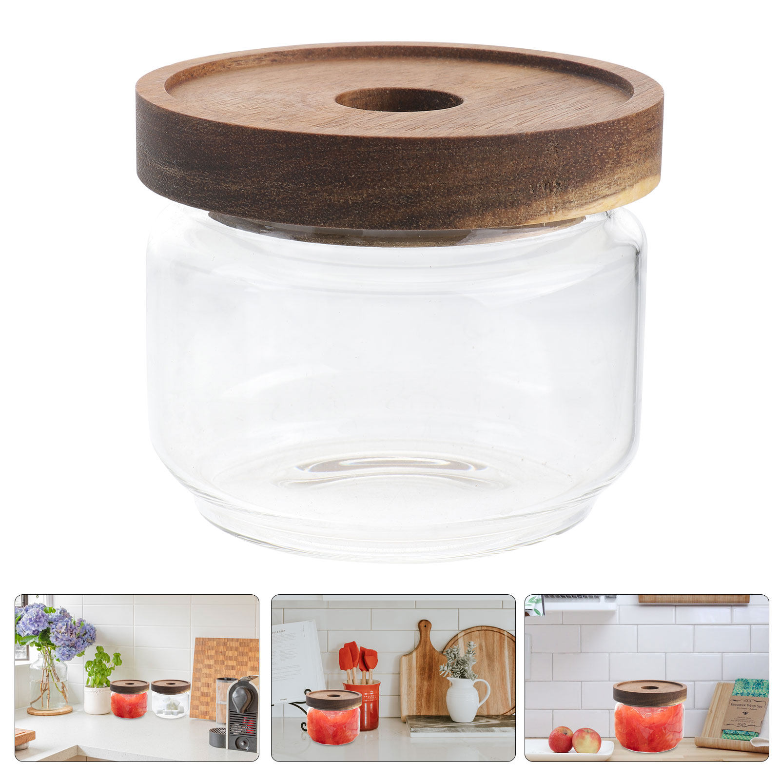 Food Storage Jars With Wooden Lids - 350Ml Clear Heat-Resistant Glass Tea Storage