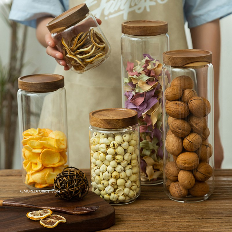 Food Storage Jars With Wooden Lids - Wood Lid Glass Airtight Canister Kitchen