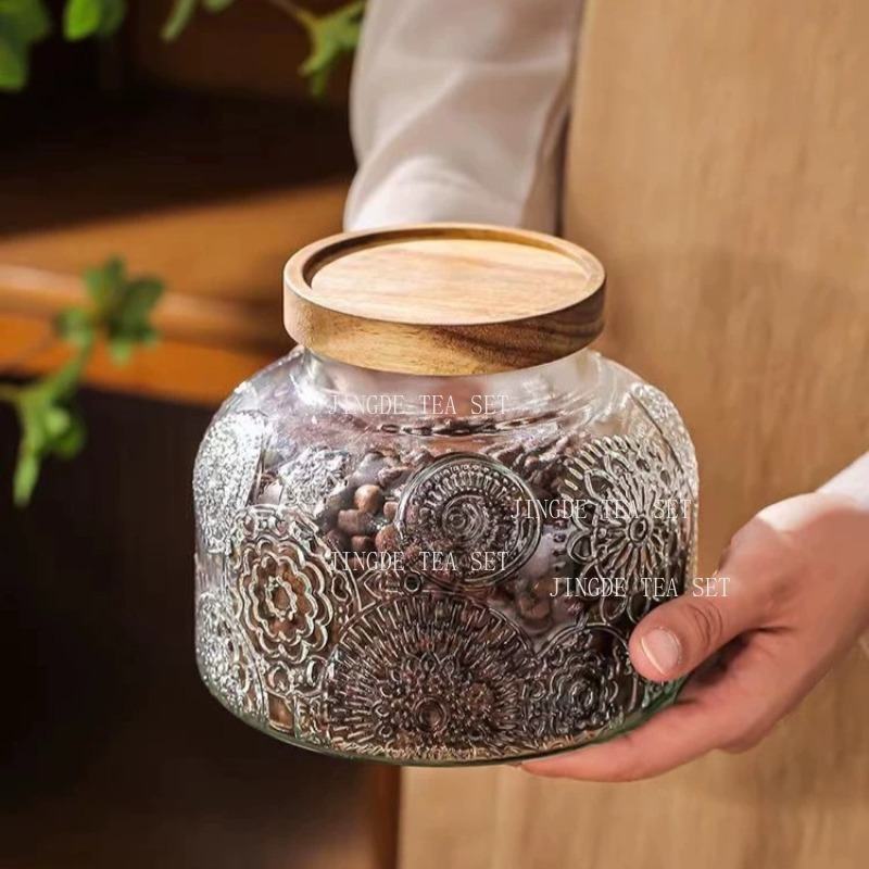 Food Storage Jars With Wooden Lids - Embossed Glass Storage Jar Wooden Lid