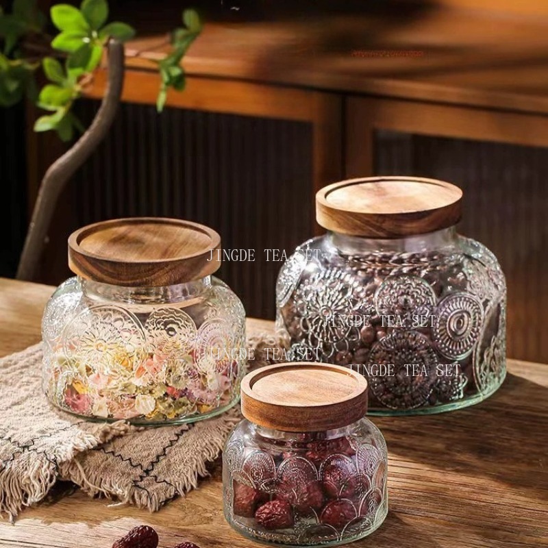 Embossed Glass Storage Jar Woo - đánh giá và giá Food Storage Jars With Wooden Lids