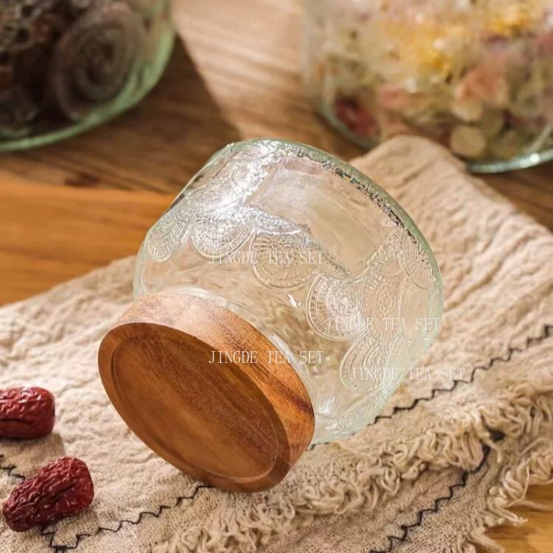 Embossed Glass Storage Jar Woo - đánh giá và giá Food Storage Jars With Wooden Lids